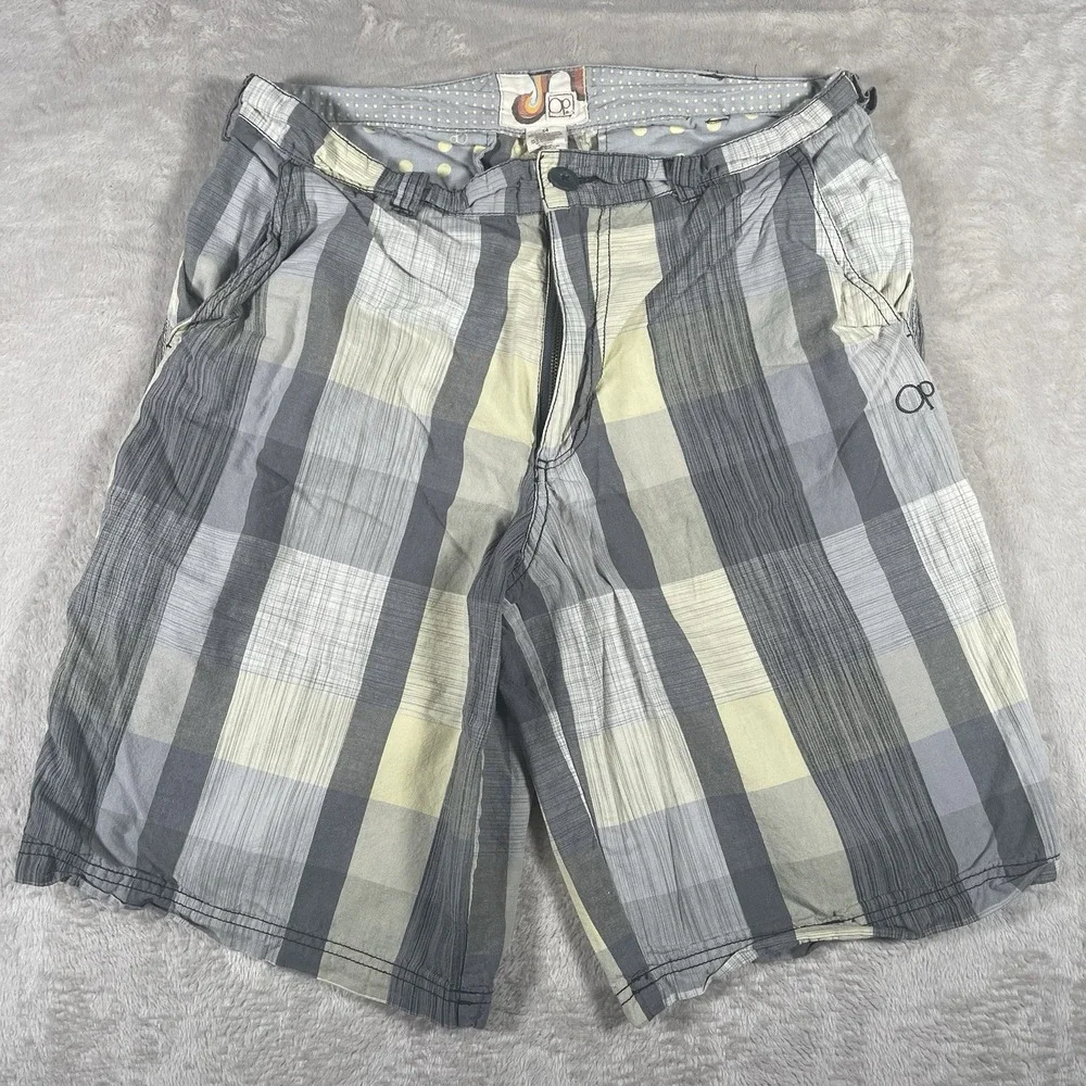Vintage 90s OP Ocean Pacific Shorts 34 Men's Yellow/Gray Plaid Skater Grunge Y2K